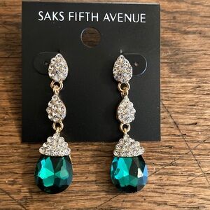 Saks Fifth Avenue Emerald Green Crystal & Rhinestone Dangle Earrings NWT